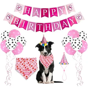 Pet Birthday Party Decoration Set Cute Dog Cat Birthday Hat Bandana Banner Balloons Pet Party Supplies