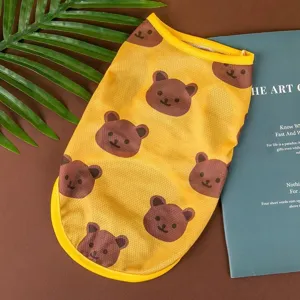 Summer thin mesh pet vest with cute brown bear print, breathable dog clothes for cats and small dogs.