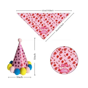 Cute pet birthday party cone hat and bandana set with pink star design for dogs and cats.
