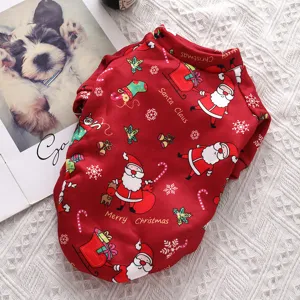 Red Christmas pet fleece hoodie for small dogs and cats with cute Santa Claus and snowflake print.