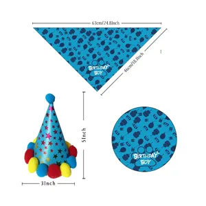 Cute pet birthday party hat and bandana set with cake and balloon print for dogs cats.