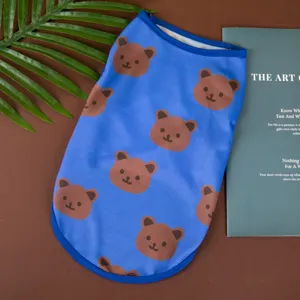 Summer cute blue pet vest with lovely brown bear print, breathable mesh dog clothes for cats.