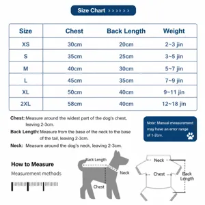 Pet clothing size chart with bust, back length and weight guide for dogs and cats.