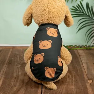 Summer breathable black mesh pet dog vest with cute cartoon bear print for small dogs.