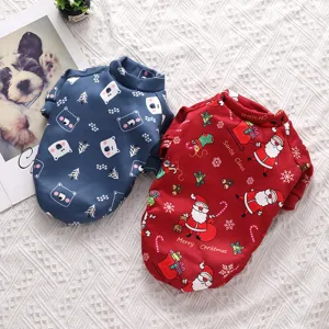 Cute pet dog cat fleece winter warm hoodie, cartoon bear and Santa Claus print, soft fabric detail shot.