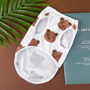 Summer breathable pet mesh vest, cute bear print dog clothes, lightweight apparel for cats.