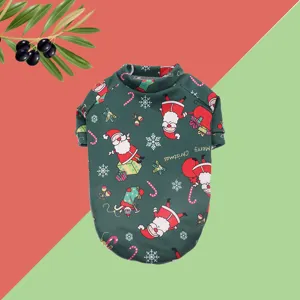 Christmas fleece pet sweatshirt for small dogs and cats, green winter warm puppy clothes with Santa print.