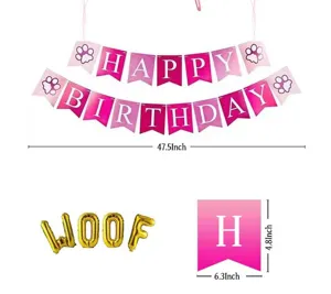 Pet birthday party decoration banner and balloon detail showing size measurements and layout.