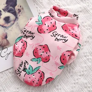 Cute pink fleece pet hoodie for small dogs and cats, warm winter dog sweater with strawberry prints.