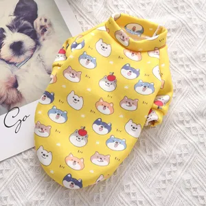 Cute yellow pet fleece sweatshirt for dogs and cats, warm winter clothes with cartoon dog prints.