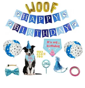 Detailed view of pet birthday party decoration set, including cute bandana and hat.