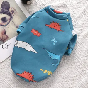 Detailed view of cute dinosaur printed pet fleece sweatshirt for dogs and cats winter wear.