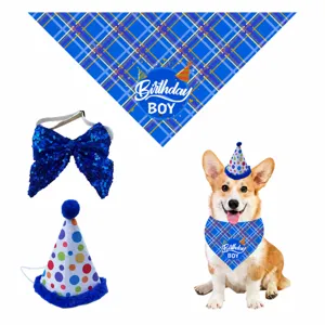 Pet Birthday Party Bandana Hat Bowtie Set Cute Plaid Dog Cat Birthday Costume British Style Pet Apparel Accessories Gift