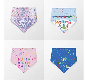 Cute pet birthday bandana set with colorful dinosaur, mermaid and happy birthday prints.