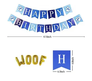 Dog birthday party banner decoration set with blue flags and gold WOOF foil balloons for pets.