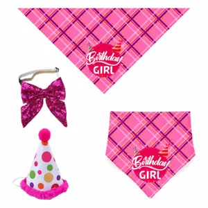 Pet birthday party bandana set with pink plaid triangle scarf, sequin bow tie and cute hat.