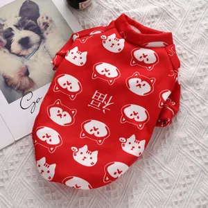Red fleece pet hoodie detail, cute cat print warm winter dog clothes, soft puppy sweatshirt.