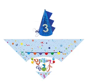Pet birthday party hat and triangle scarf set with dinosaur spikes and cute print.