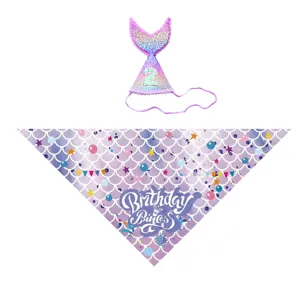 Pet birthday party costume set with mermaid tail glitter hat and printed bandana.