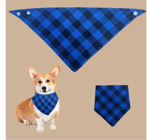 Blue and black plaid pet bandana with snap buttons, detailed view for dogs and cats.