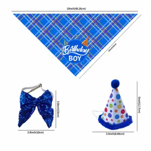 Pet birthday party bandana bow tie and hat set for dogs and cats with cute plaid and polka dots.