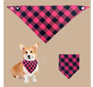 Pink and black buffalo plaid pet bandana detail, adjustable snap buttons for cats and dogs.