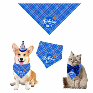 Pet birthday party bandana hat and bow tie set, cute blue plaid for dogs and cats.