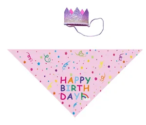 Pet birthday crown hat and pink bandana set with colorful confetti prints for dogs