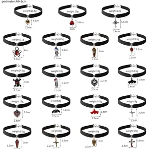 Gothic black velvet choker necklace set with Halloween skull, bat and spider pendants.