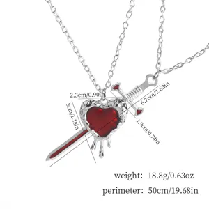 Silver heart and sword pendant necklace detailed view showing dimensions and exact size.
