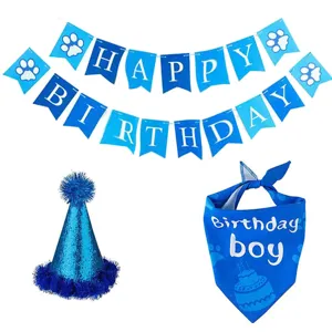 Complete blue dog birthday party supplies set with banner glitter hat and bandana