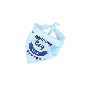 Light blue pet birthday bandana with Happy Birthday Boy print and festive banner design