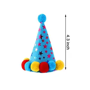 Blue pet birthday hat with star pattern and colorful pom poms, 4.3 inch height