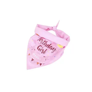 Close-up of a pink pet birthday bandana featuring Birthday Girl and Happy text print