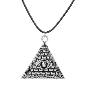Vintage silver triangle eye pendant necklace with black cord for men women daily fashion wear