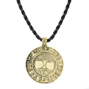 Vintage Viking tree of life amulet pendant necklace with black braided leather rope.