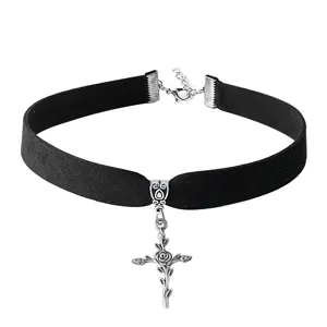 Gothic black velvet choker necklace with vintage silver rose cross pendant for women girls.