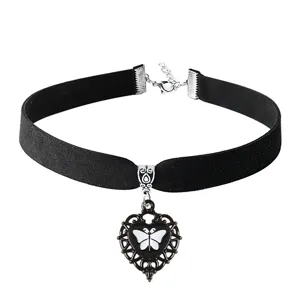 Gothic black velvet choker necklace with butterfly heart pendant for women dark style jewelry