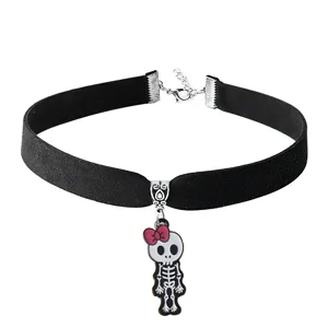 Gothic black velvet choker necklace with cute skeleton pendant and pink bow detail.