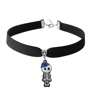 Gothic black velvet choker necklace with skeleton pendant for Halloween party daily wear jewelry