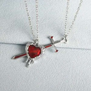 Exquisite heart dagger pendant necklace set, silver tone couple jewelry gift for friends.
