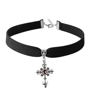 Gothic black velvet choker necklace featuring an ornate silver cross pendant for women