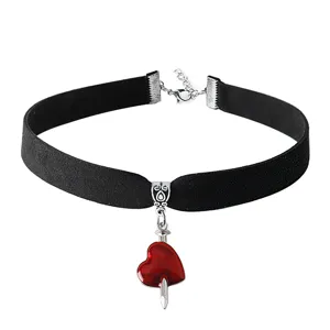 Gothic black velvet choker necklace with red heart dagger pendant, punk dark style jewelry gift.
