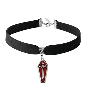 Gothic black velvet choker necklace featuring a red enamel coffin sword pendant detail.