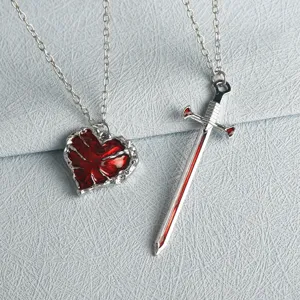 Matching couple heart and sword pendant necklace set in silver tone for best friends gift