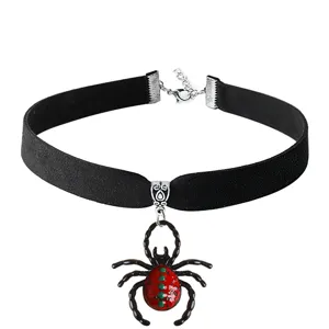 Gothic black velvet choker necklace with red and black spider pendant halloween jewelry