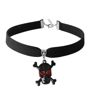 Gothic black velvet choker necklace featuring red rhinestone skull pendant for Halloween.