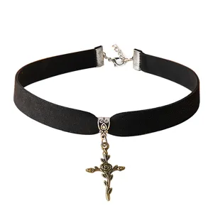 Gothic black velvet choker necklace with vintage bronze rose cross pendant and metal chain