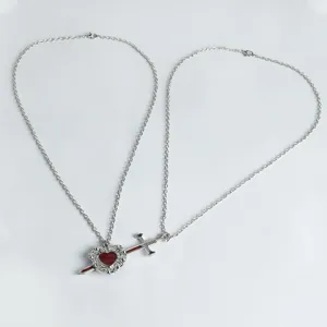 Silver dagger through heart pendant necklace set couple fashion jewelry gift 45cm