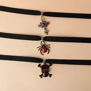 Gothic choker necklace set featuring skull, spider and cross alloy pendants for Halloween style.